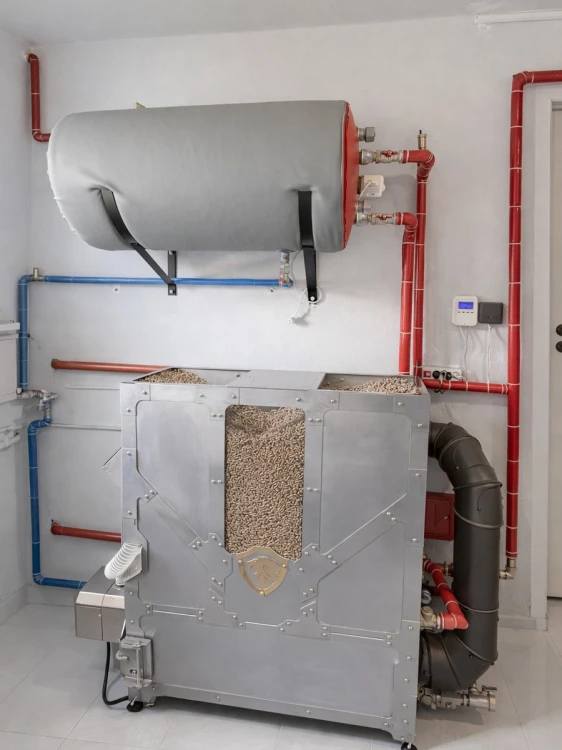 HERKULES INOX 20 kW w Brzusce – front kotła pod zasobnikiem ciepłej wody