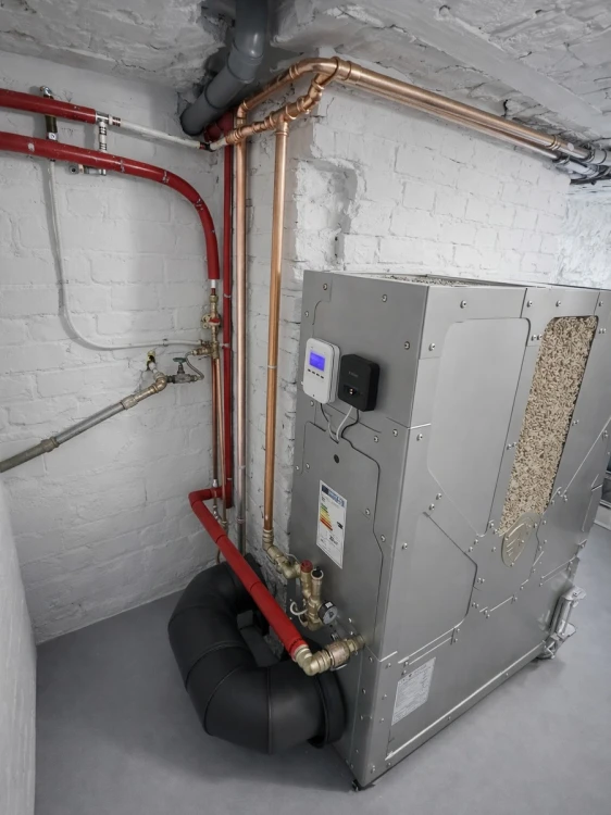 HERKULES INOX 20 kW w Lubartowie – boczny widok kotła, podajnika i przewodu spalinowego