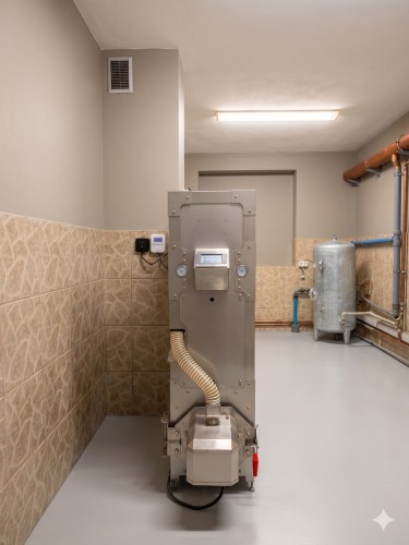 HERKULES INOX 30 kW w Łące – front kotła i zasobnik w jasnej kotłowni